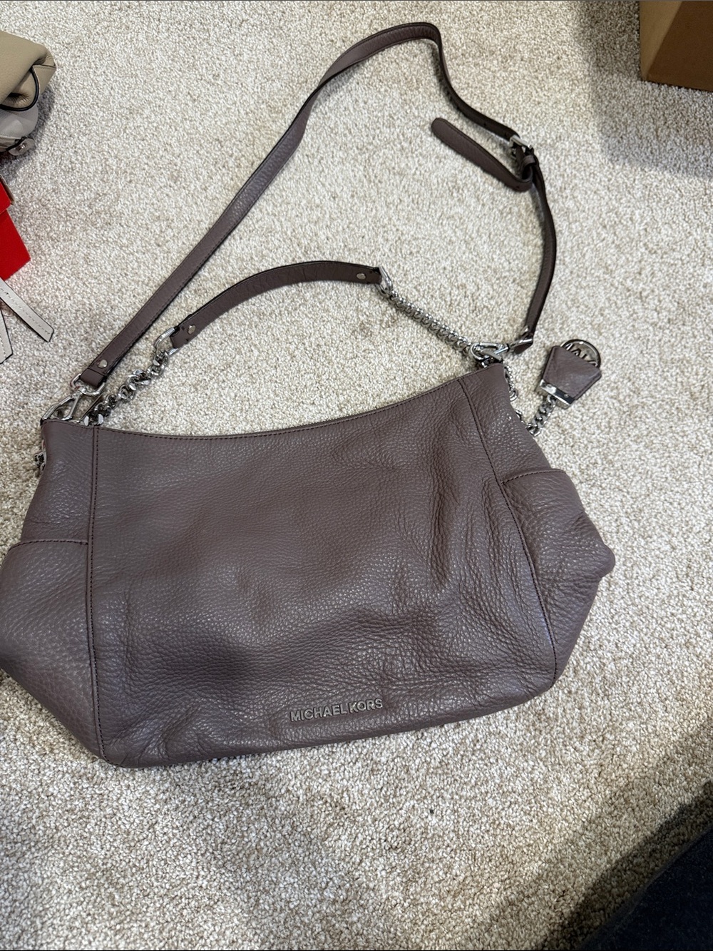 Michael Kors Taupe Pebbled Leather Shoulder Bag with Silver Chain